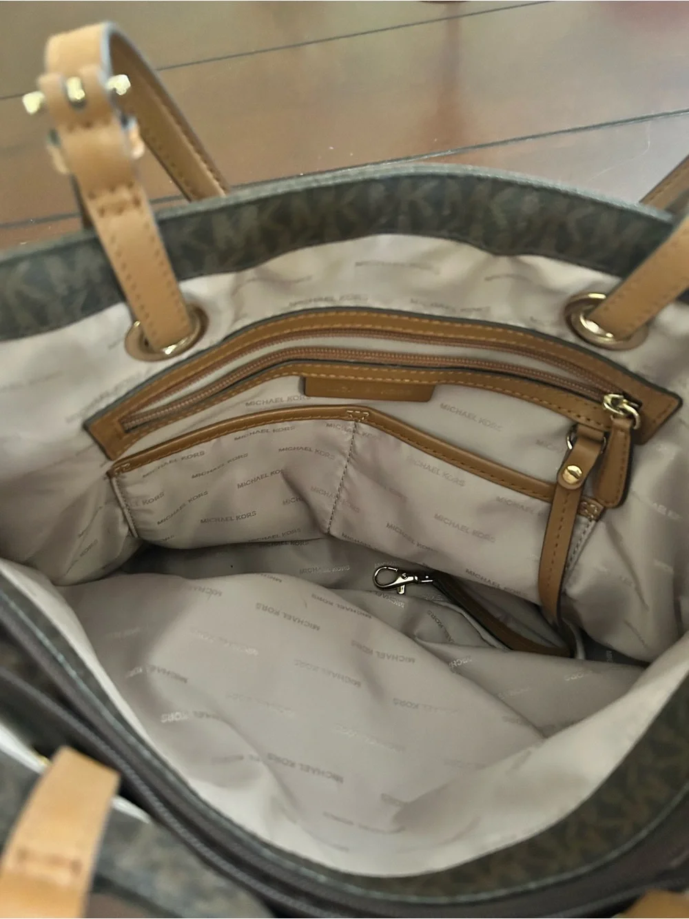 Michael Kors Brown Logo Tote with Tan Leather Handles